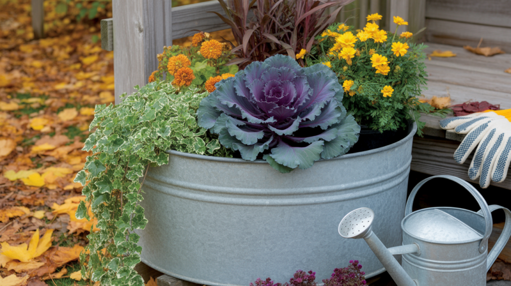 rustic galvanized metal tub planter
